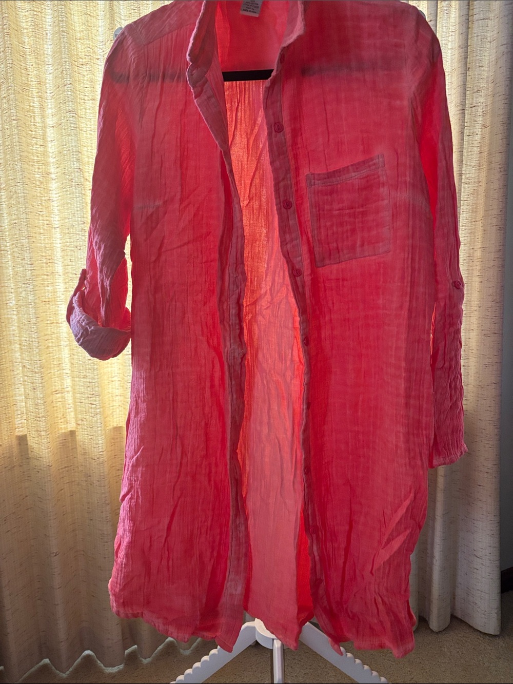 Sheer Crinkled Coral Button-Front Tunic